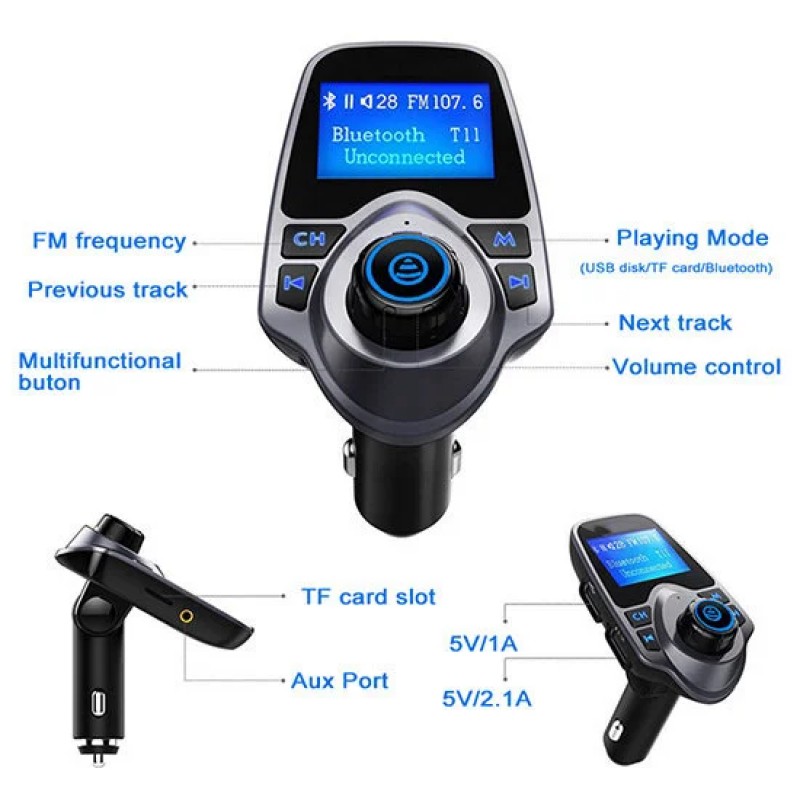 Трансмитер за автомобил TRANSMITER FM T-11 MP3, Bluetooth, 2xUSB, micro SD, AUX