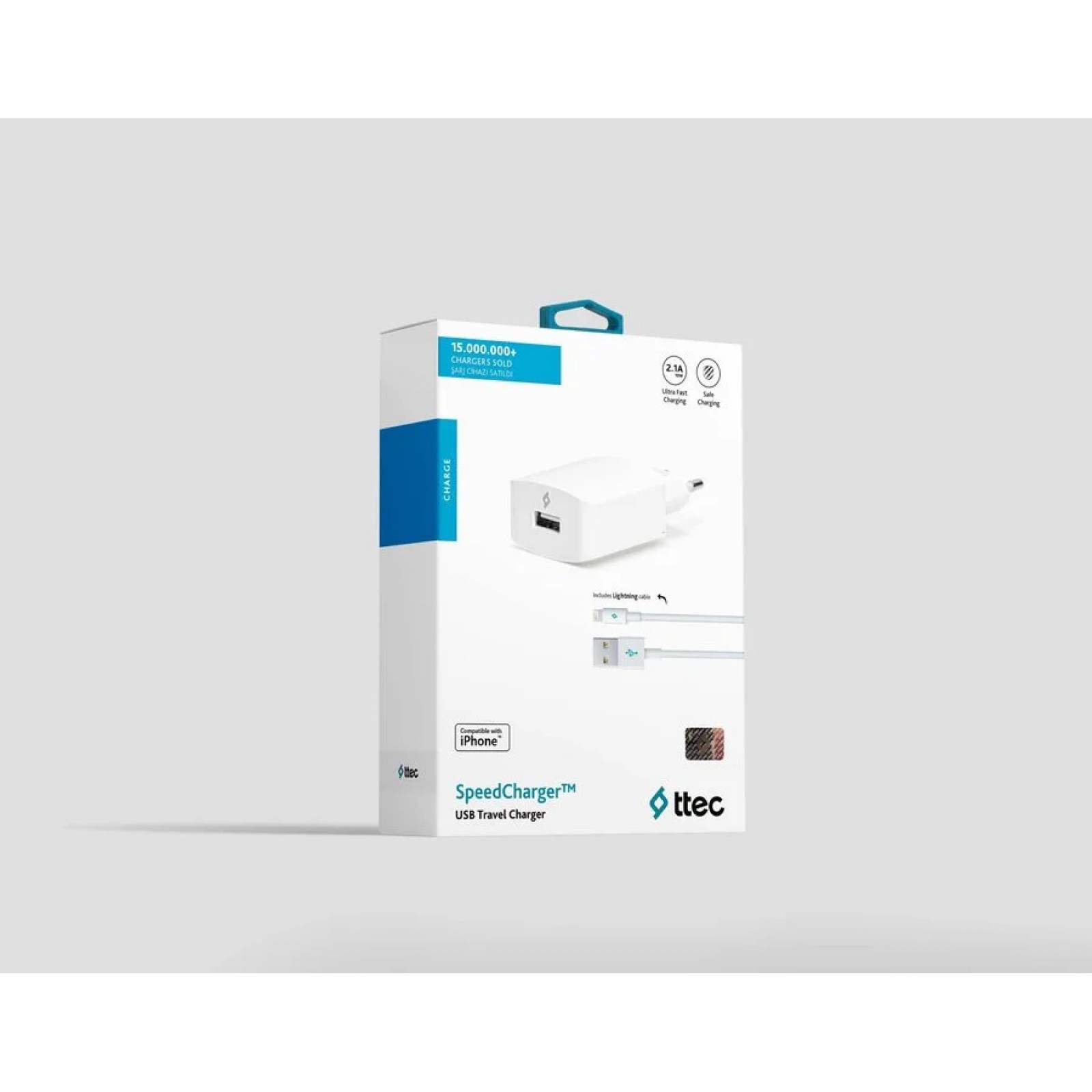 Зарядно 220V SpeedCharger USB Travel Charger, 2,1A, incl, Lightning Cable - Бяло,116579