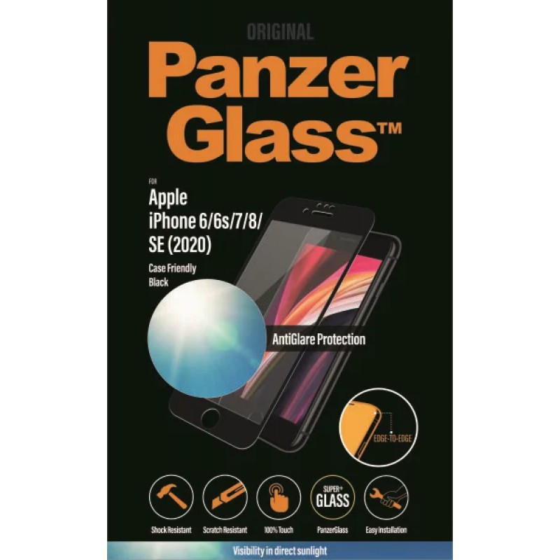 Стъклен протектор PanzerGlass за Apple iPhone 6/6S/7/8/SE 2020 Case Friendly AntiGlare Черен