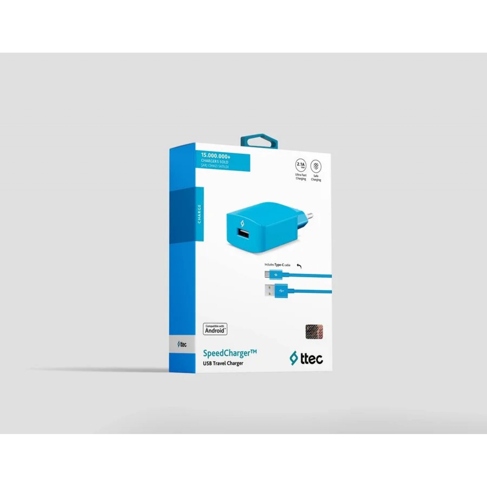 Зарядно 220V SpeedCharger USB Travel Charger, 2,1A, incl, Type C Cable - Синьо,116242