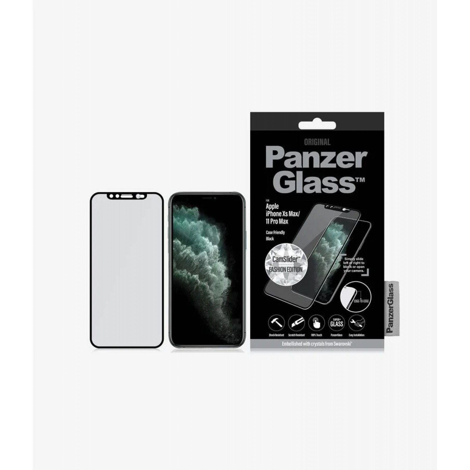 Стъклен протектор PanzerGlass за Apple iPhone Xs Max/11 Pro Max Case Friendly CamSlider Swarovski Edition Черен