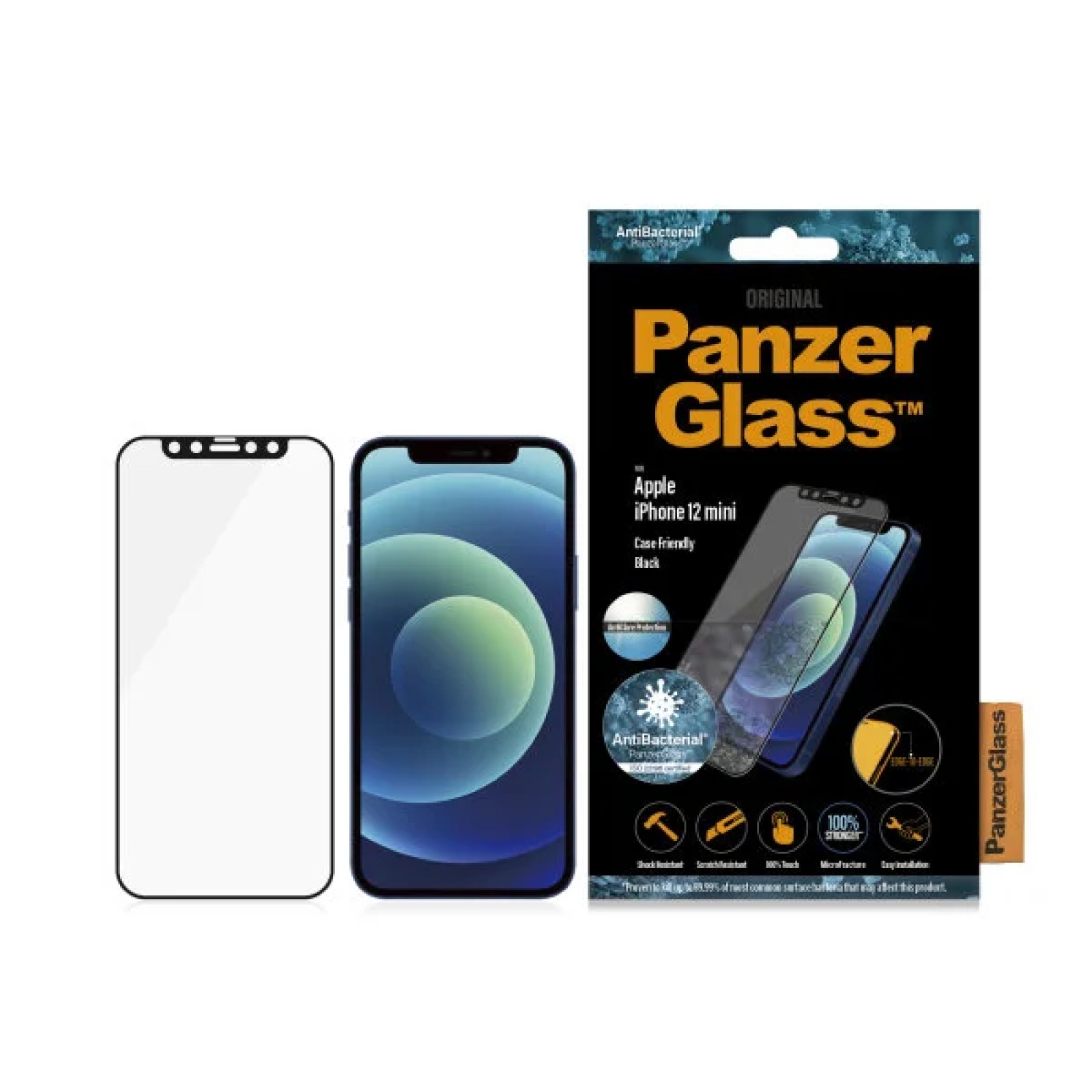 Стъклен протектор PanzerGlass за Apple iPhone 12 Mini Case Friendly AntiBacterial AntiGlare Черен