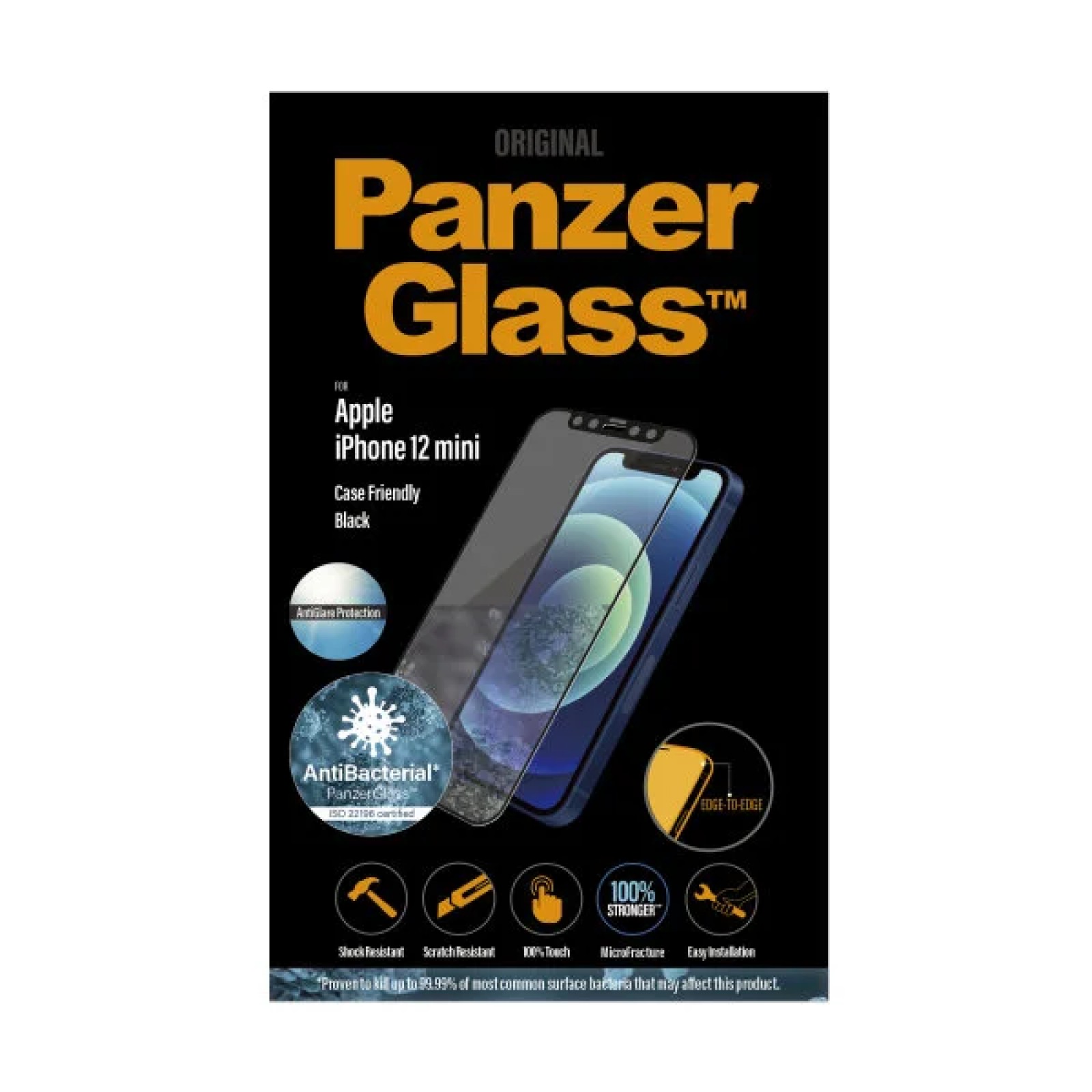 Стъклен протектор PanzerGlass за Apple iPhone 12 Mini Case Friendly AntiBacterial AntiGlare Черен