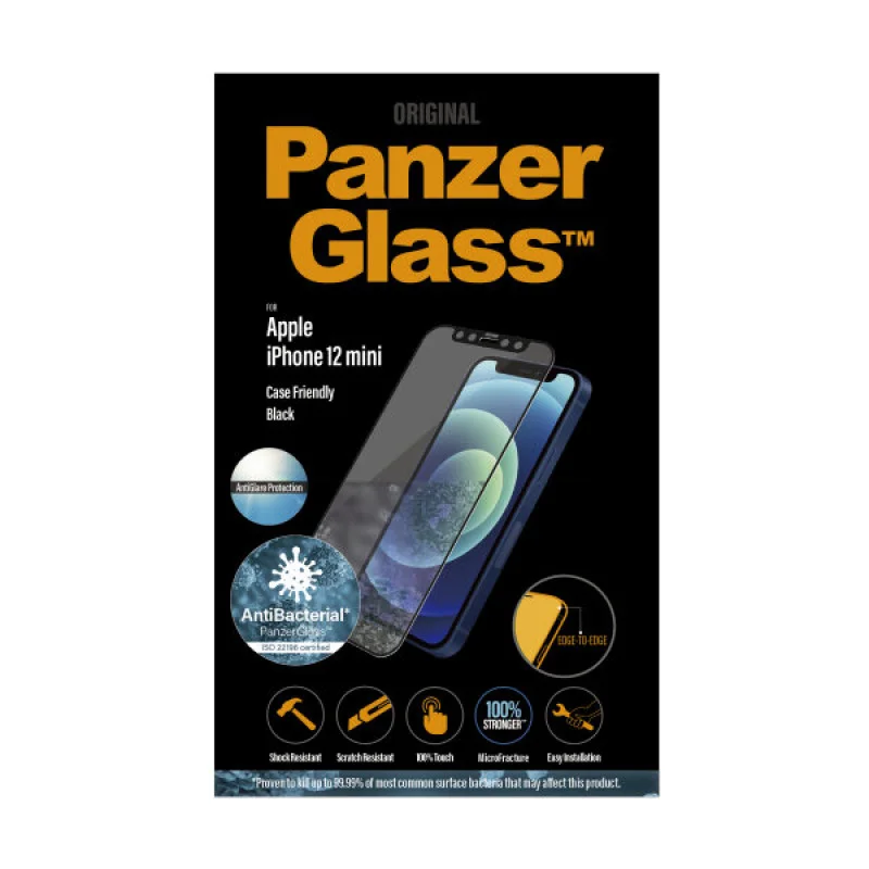 Стъклен протектор PanzerGlass за Apple iPhone 12 Mini Case Friendly AntiBacterial AntiGlare Черен