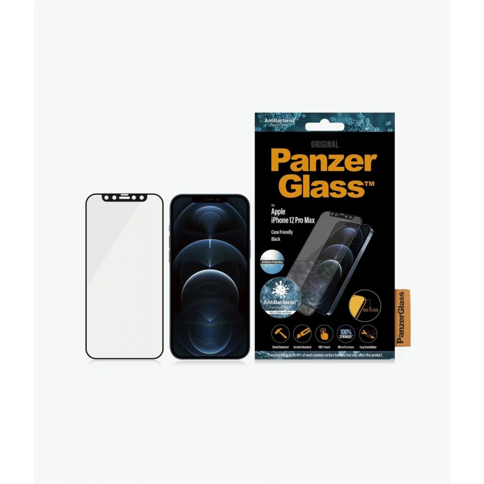 Стъклен протектор PanzerGlass за Apple iPhone 12 Pro Max Case Friendly AntiBacterial AntiGlare Черен