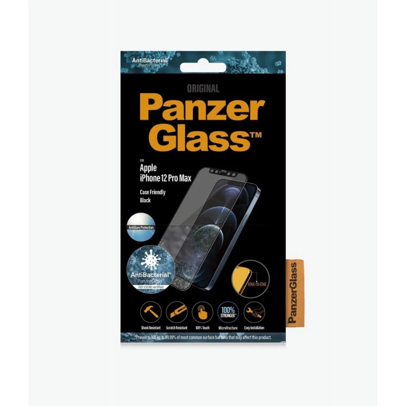 Стъклен протектор PanzerGlass за Apple iPhone 12 Pro Max Case Friendly AntiBacterial AntiGlare Черен
