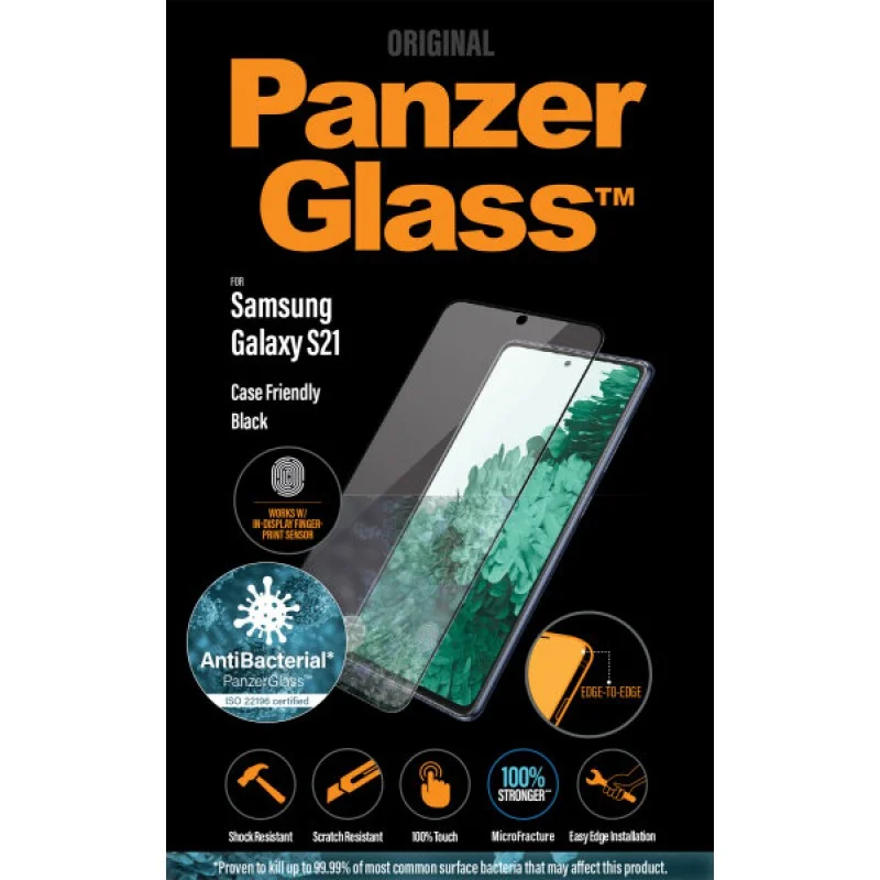 Стъклен протектор PanzerGlass за Samsung Galaxy S21 Case Friendly FingerPrint AntiBacterial Черен