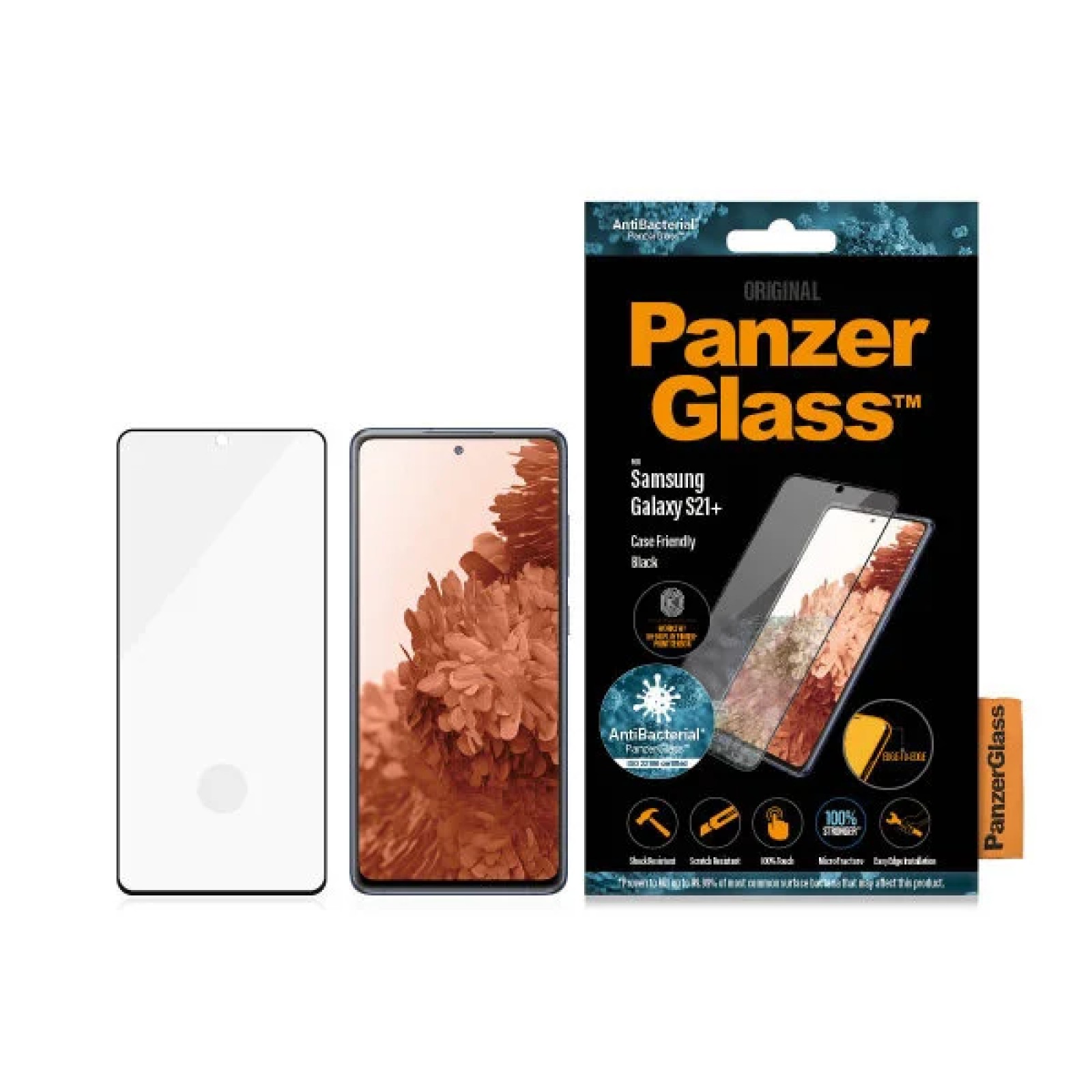 Стъклен протектор PanzerGlass за Samsung Galaxy S21 Plus Case Friendly FingerPrint AntiBacterial Черен