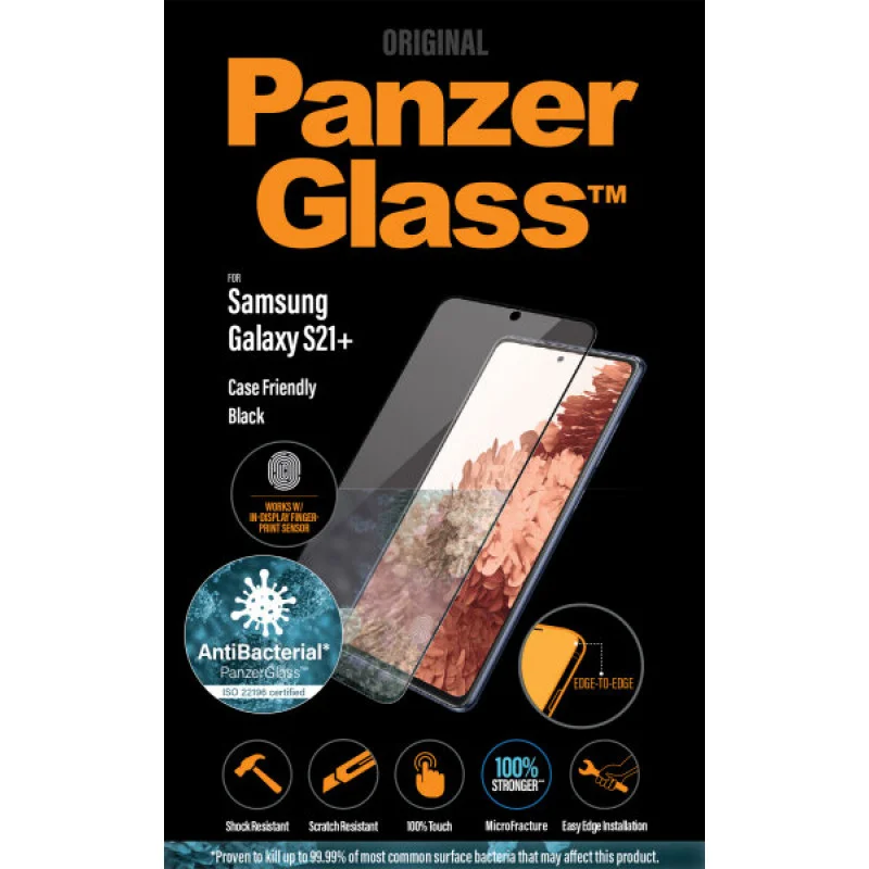 Стъклен протектор PanzerGlass за Samsung Galaxy S21 Plus Case Friendly FingerPrint AntiBacterial Черен
