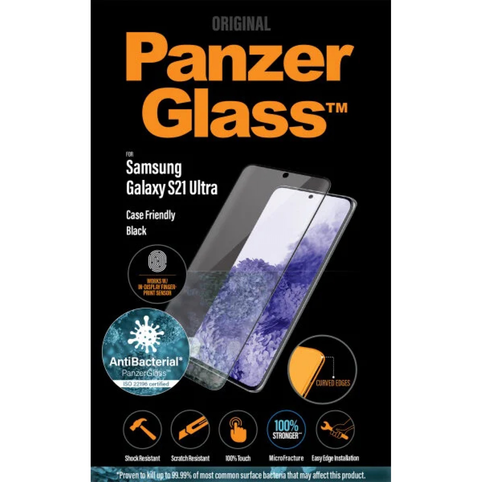 Стъклен протектор PanzerGlass за Samsung Galaxy S21 Ultra Case Friendly FingerPrint AntiBacterial Черен