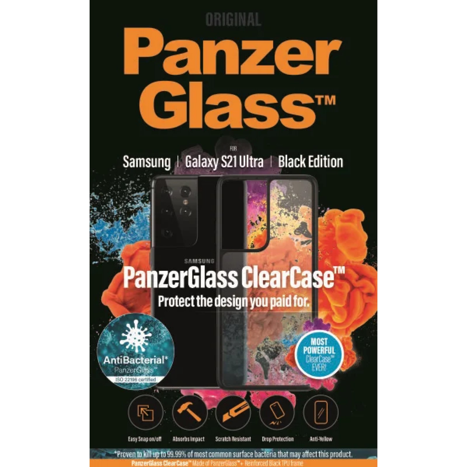 Гръб за Samsung Galaxy S21 Ultra PanzerGlass, AntiBacterial - Черна рамка, 118279