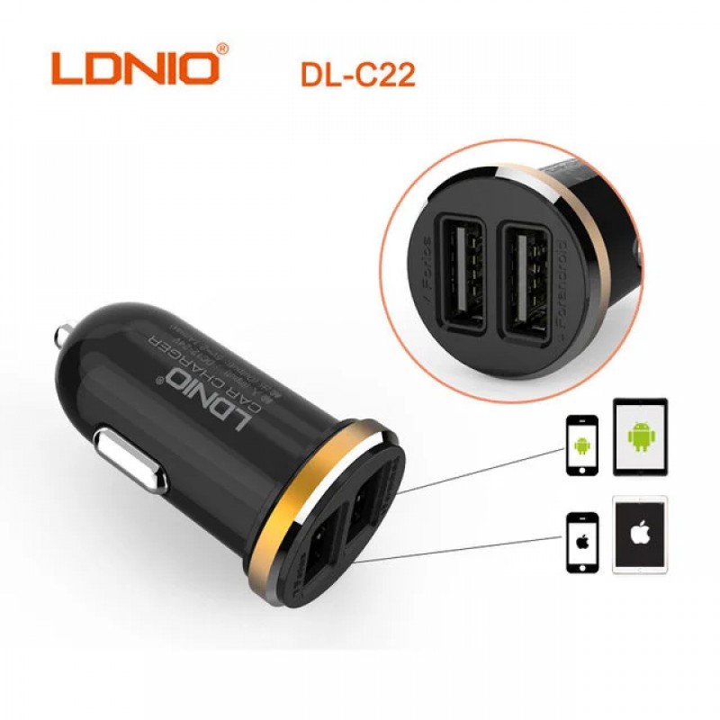 Зарядно за кола 12V LDNIO DL-C22 dual USB 2.1A - iPhone 6/6S кабел черен Зарядно за кола 12V LDNIO DL-C22 dual USB 2.1A - iPhone 6/6S кабел черен