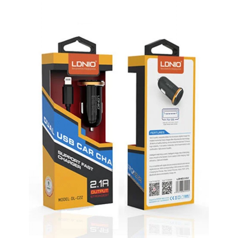 Зарядно за кола 12V LDNIO DL-C22 dual USB 2.1A -  iPhone 6/6S кабел черен