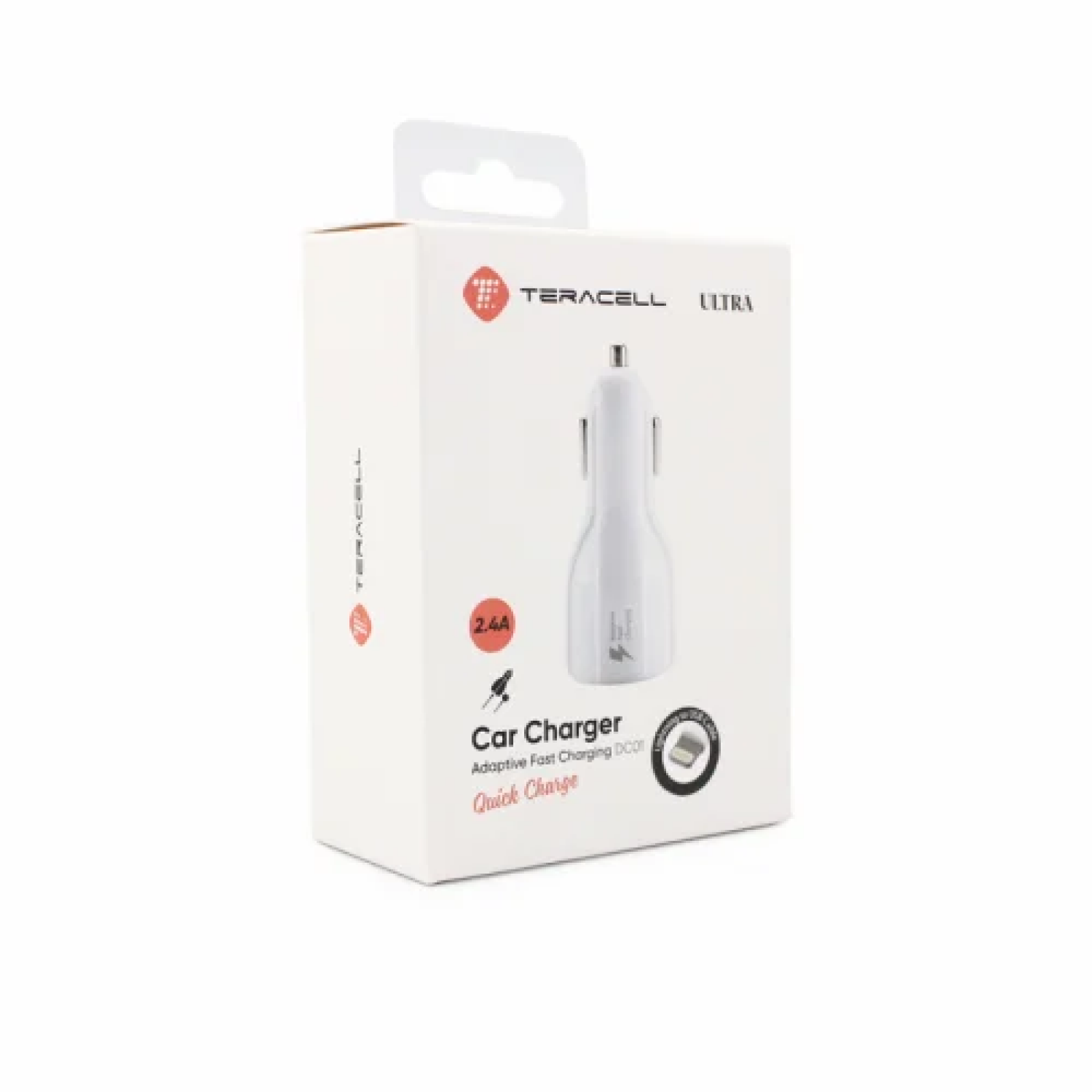 Зарядно за кола 12V Teracell Ultra DC01 2.4A sa iPhone 6/6S бял кабел