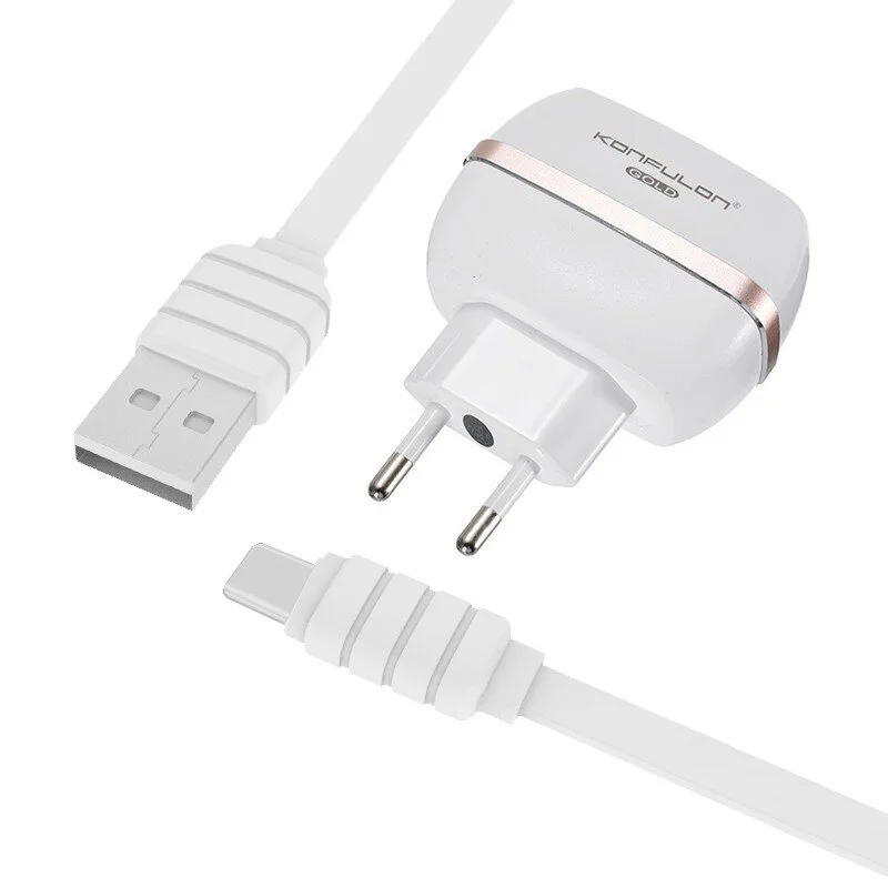 Зарядно 220V KONFULON C23+S33A 2xUSB 5V 2.4A с Type C кабел бял