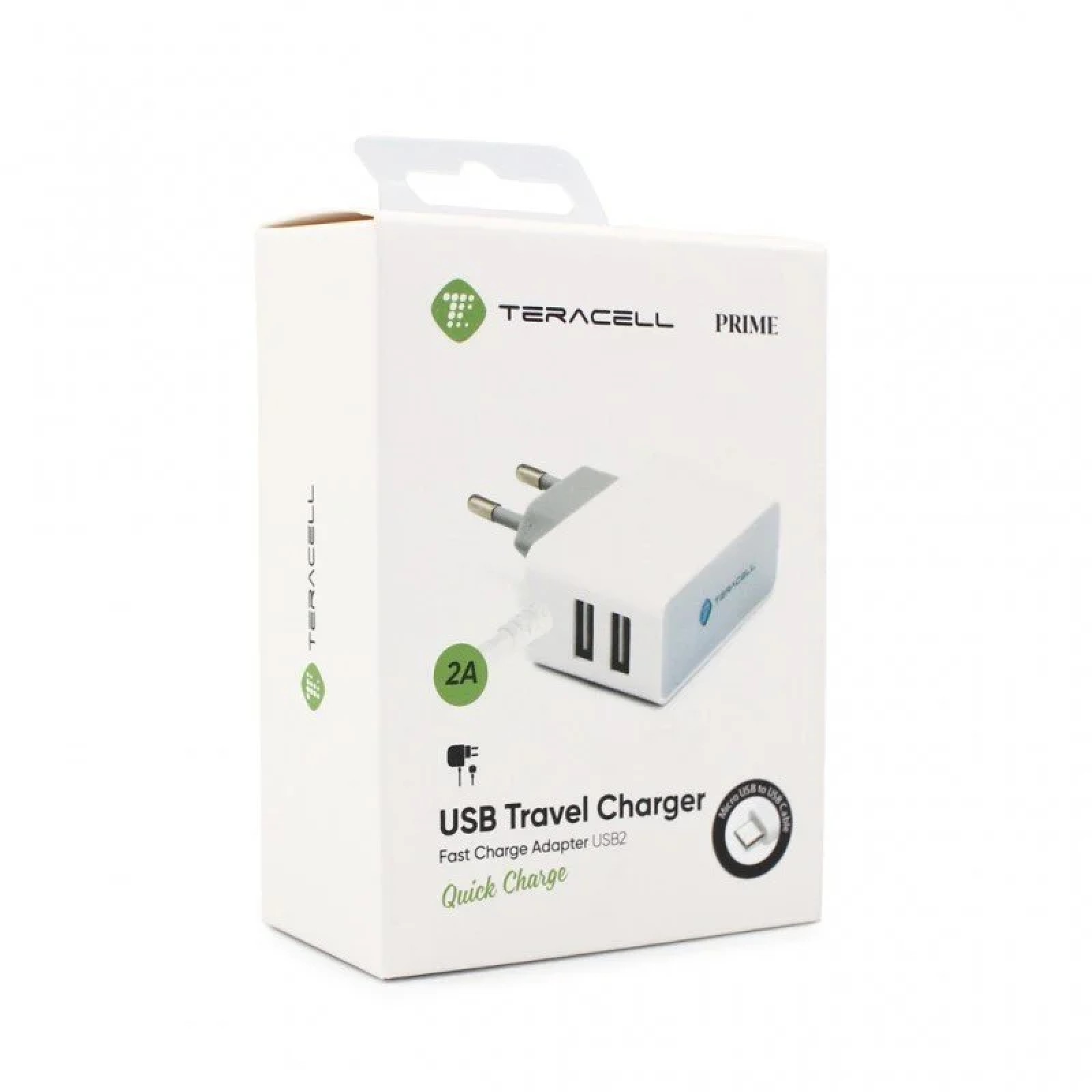 Зарядно 220V Teracell Prime USB2 2A с type C бял кабел