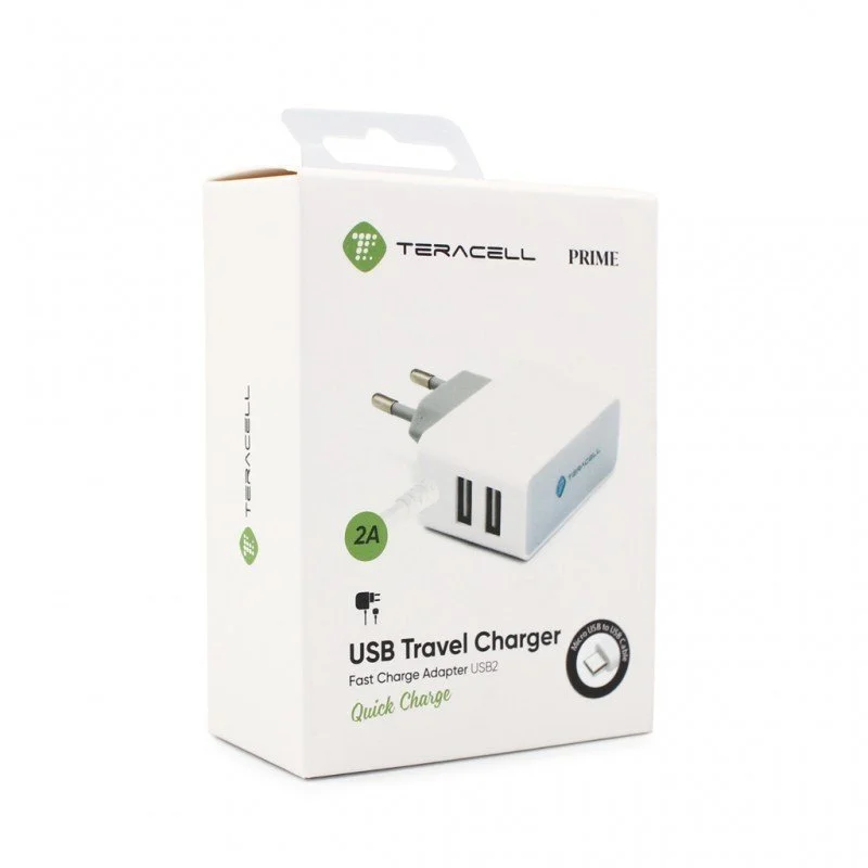 Зарядно 220V Teracell Prime USB2 2A с type C бял к...
