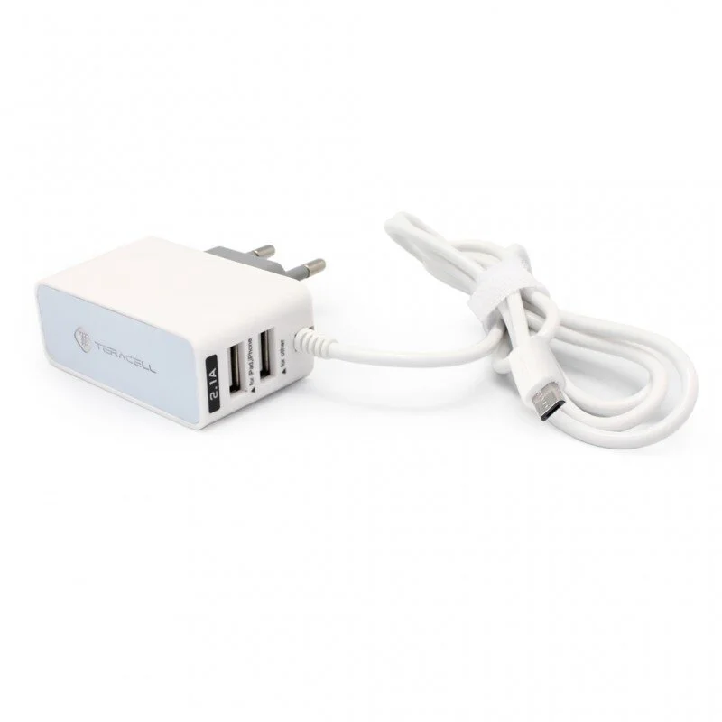 Зарядно 220V Teracell Prime USB2 2A с type C бял кабел