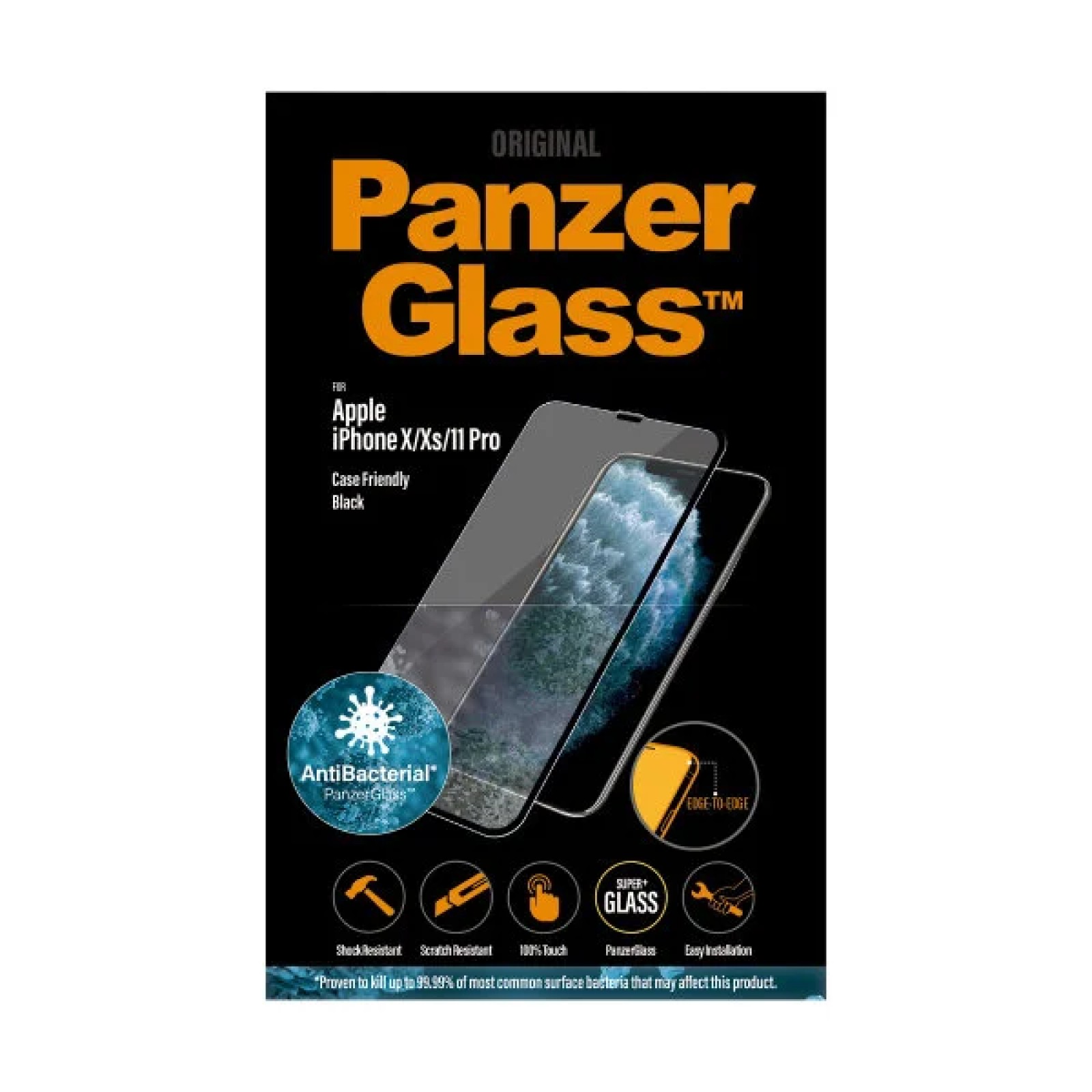 Стъклен протектор PanzerGlass за Apple iPhone X/Xs/11 Pro Case Friendly AntiBacterial Черен