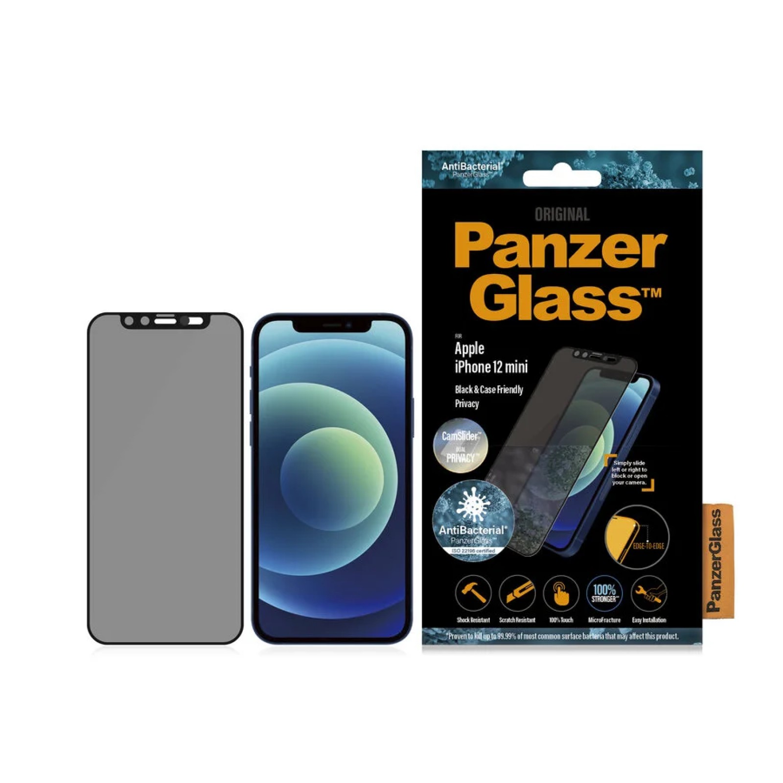 Стъклен протектор PanzerGlass за Apple iPhone 12 Mini AntiBacterial Privacy CamSlider Черен