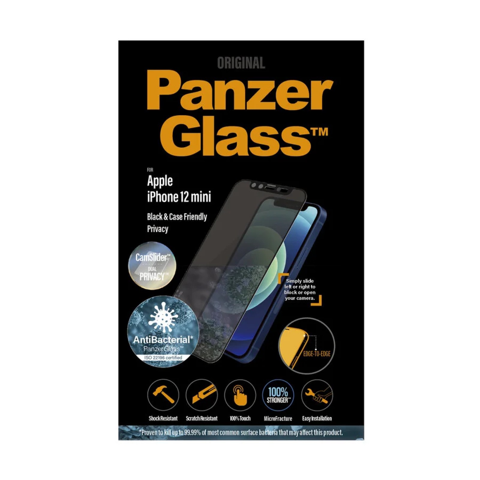 Стъклен протектор PanzerGlass за Apple iPhone 12 Mini AntiBacterial Privacy CamSlider Черен