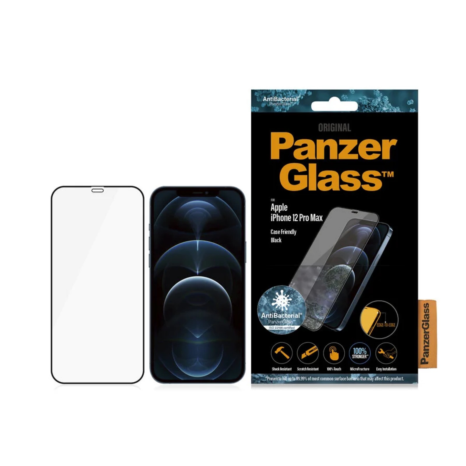 Стъклен протектор PanzerGlass за Apple iPhone 12 Pro Max Case Friendly AntiBacterial Черен
