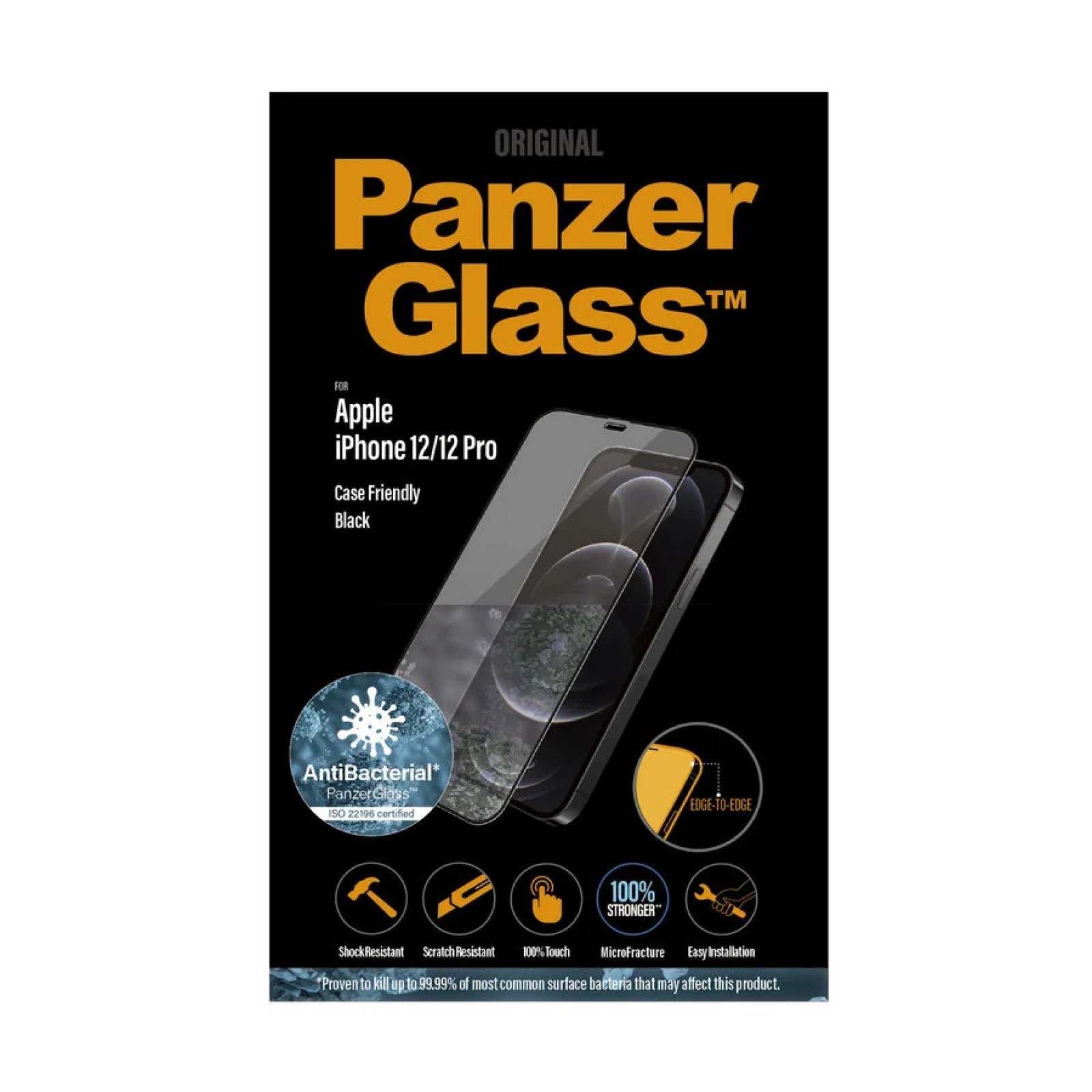 Стъклен протектор PanzerGlass за Apple iPhone 12/iPhone 12 Pro Case Friendly AntiBacterial Черен