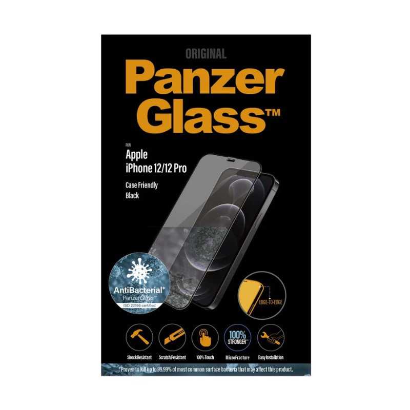 Стъклен протектор PanzerGlass за Apple iPhone 12/iPhone 12 Pro Case Friendly AntiBacterial Черен