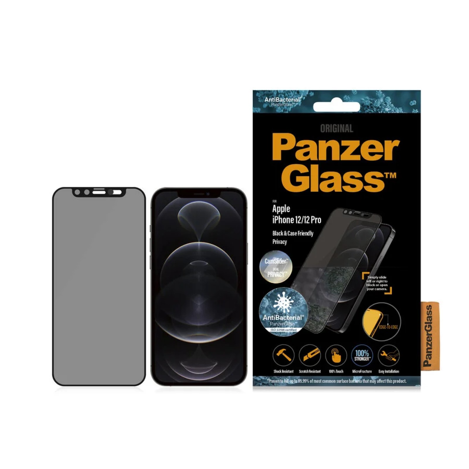 Стъклен протектор PanzerGlass за Apple iPhone 12/iPhone 12 Pro AntiBacterial Privacy CamSlider Черен
