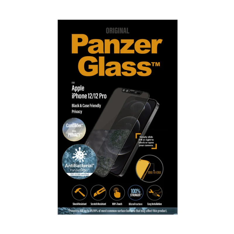 Стъклен протектор PanzerGlass за Apple iPhone 12/iPhone 12 Pro AntiBacterial Privacy CamSlider Черен