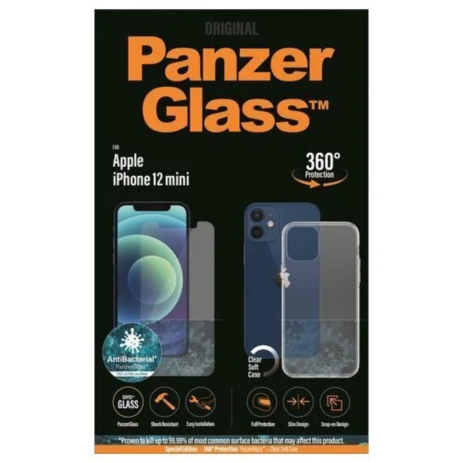 Стъклен протектор + Гръб Iphone 12 mini PanzerGlass, Antibacterial