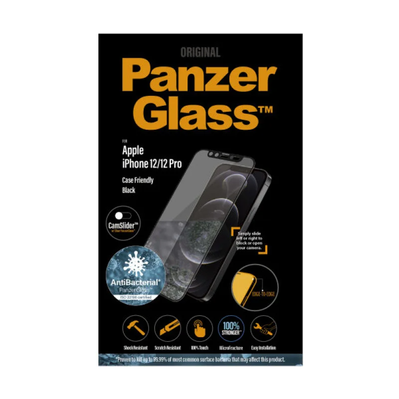 Стъклен протектор PanzerGlass за Apple iPhone 12/iPhone 12 Pro AntiBacterial CamSlider Черен