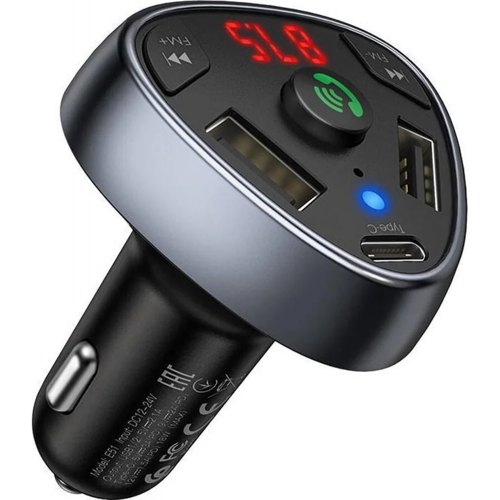 Трансмитер за кола E51 Road treasure car BT FM transmiter - Черен