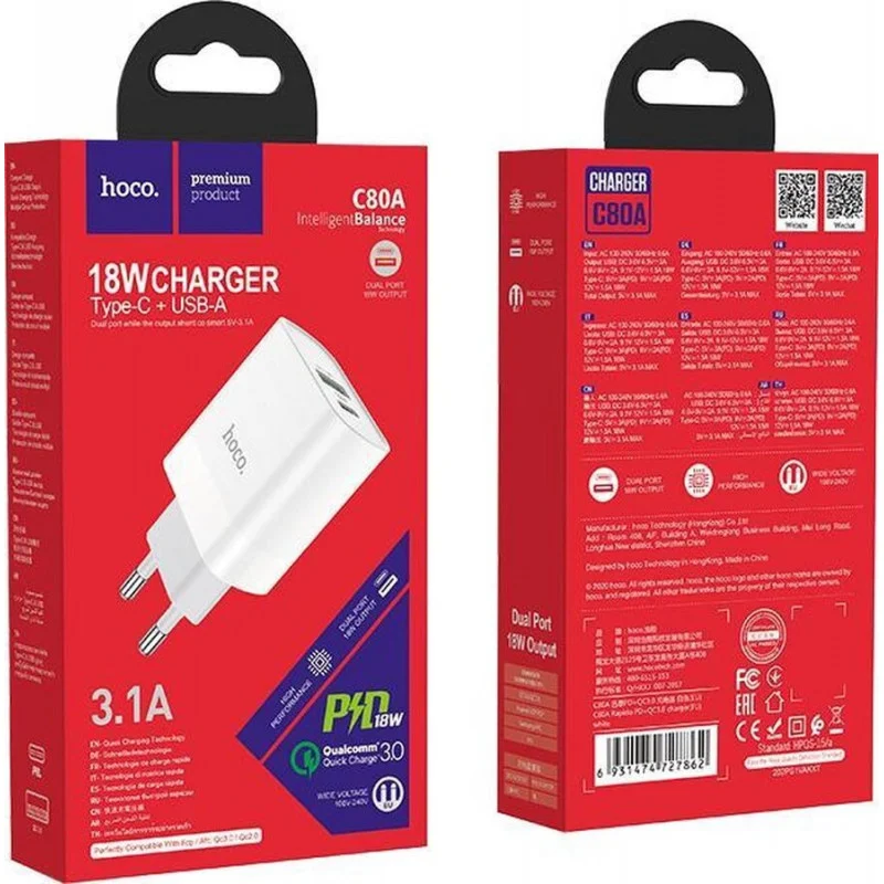 Адаптер 220V C80A Rapido PD+QC3.0 charger(EU) - Бя...