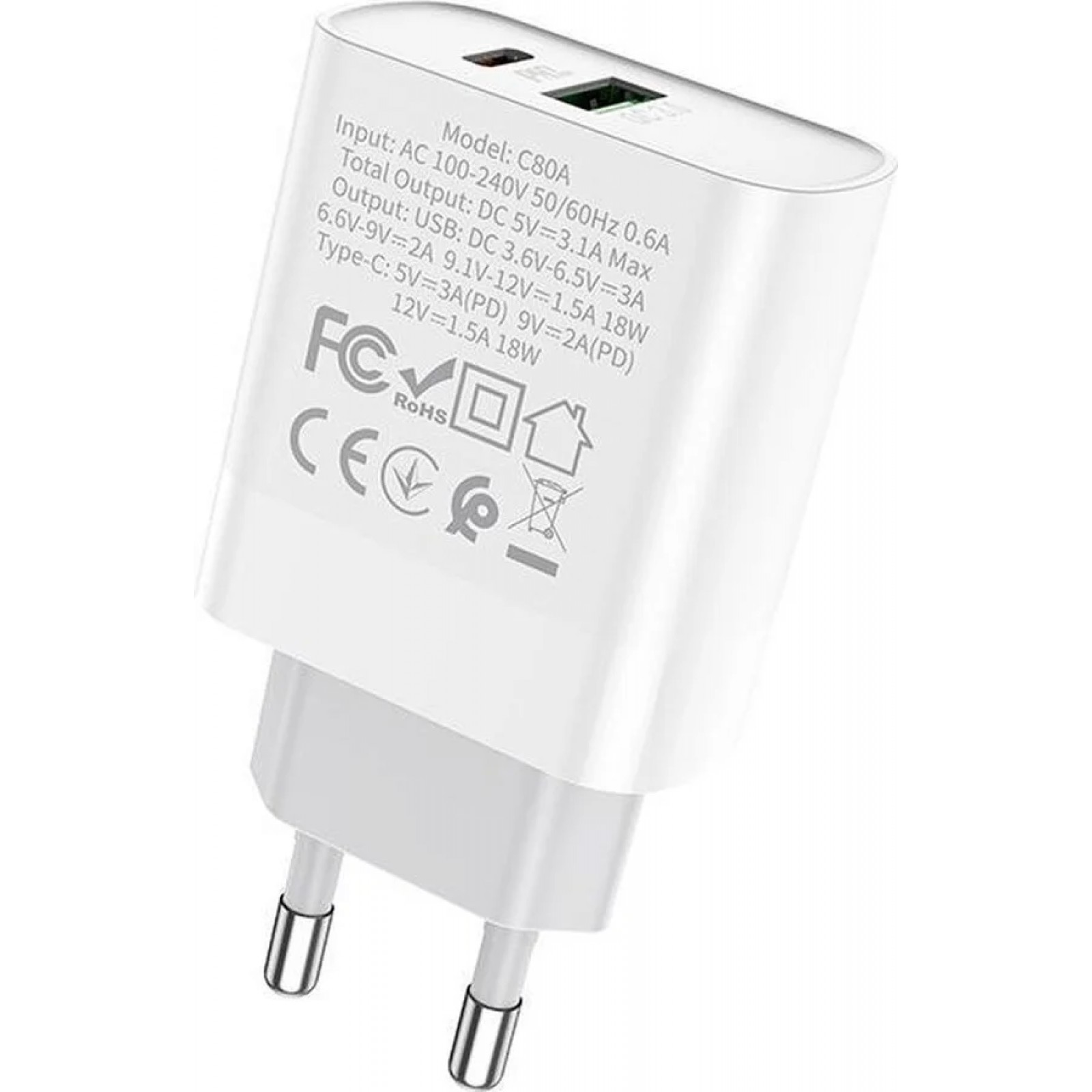Адаптер 220V C80A Rapido PD+QC3.0 charger(EU) - Бял