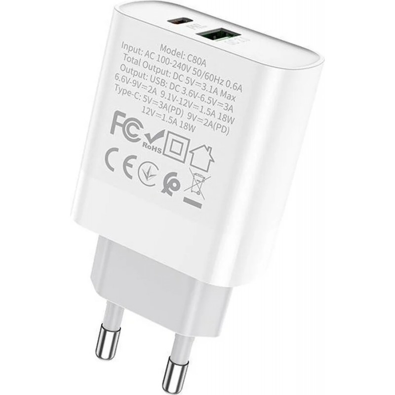 Адаптер 220V C80A Rapido PD+QC3.0 charger(EU) - Бял