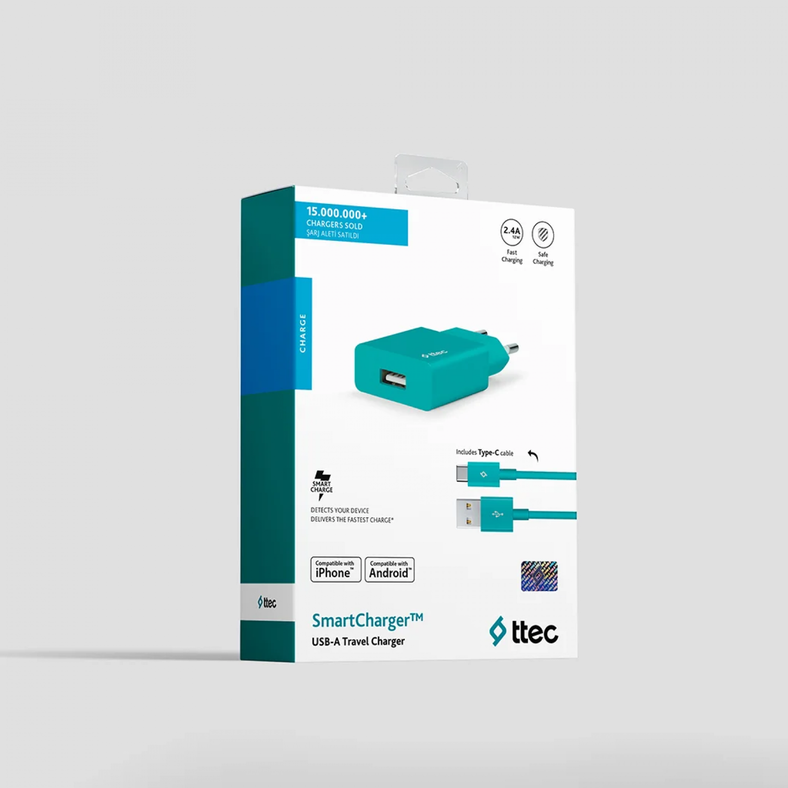 Зарядно 220V SmartCharger USB Travel Charger, 2.1A, incl. Type C  Cable - Тюркоаз, 118097